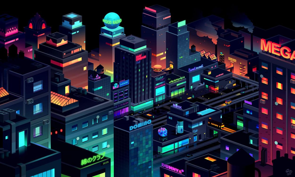 Ciudad de Neón, Ilustración, Synthwave, Edificio, Arquitectura. Wallpaper in 2000x1200 Resolution