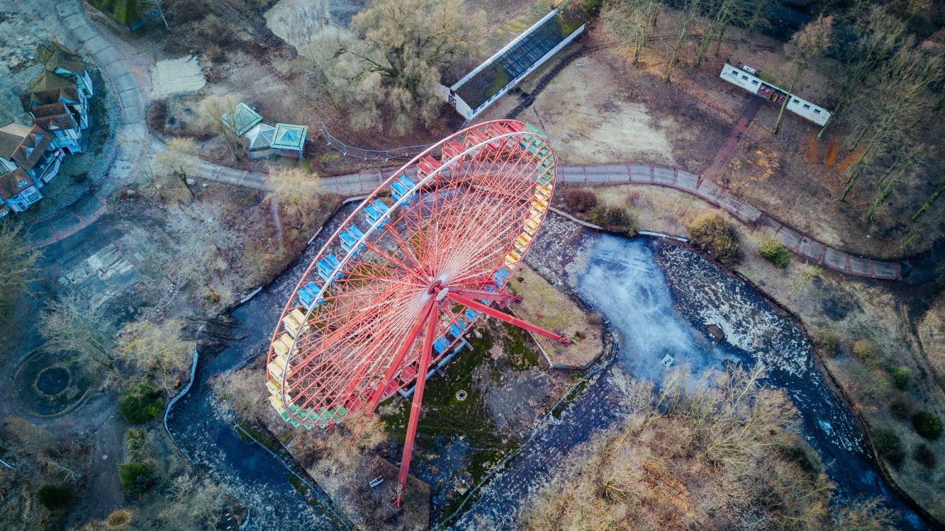 aerial view of red and blue ferris wheel