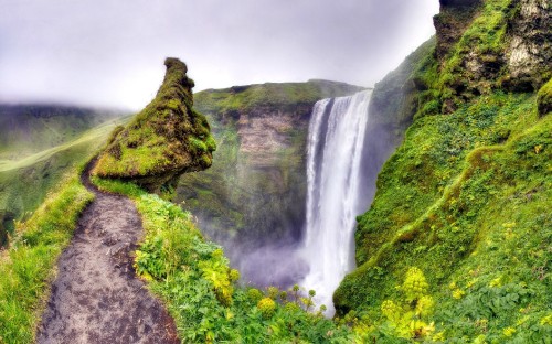 Image waterfalls on green moss covered mountain under gray cloudy sky