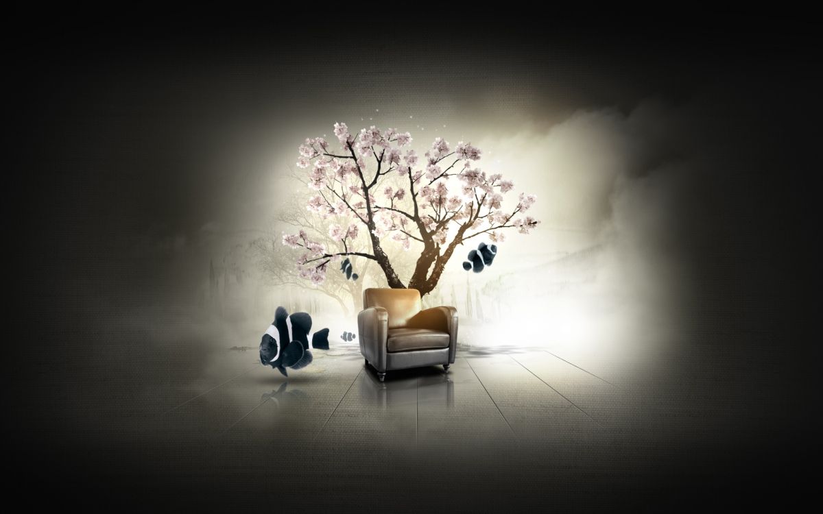 Fauteuil Rembourré Marron Encadré en Bois Marron à Côté de L'art Mural Arbre Blanc et Noir. Wallpaper in 1920x1200 Resolution