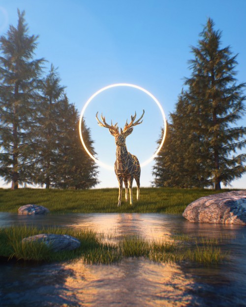 Image deer standing on green grass field near green trees during daytime