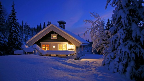 Image brown wooden house covered with snow during night time