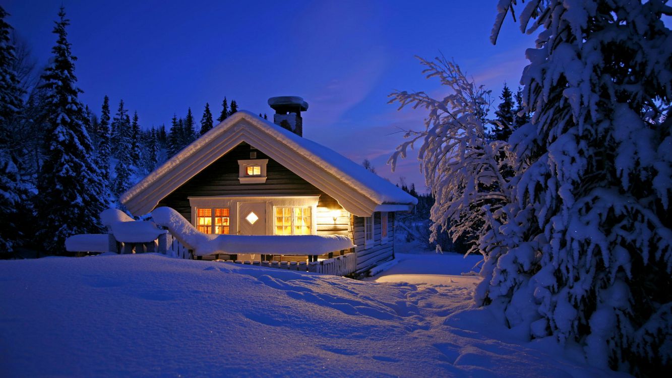 brown wooden house covered with snow during night time