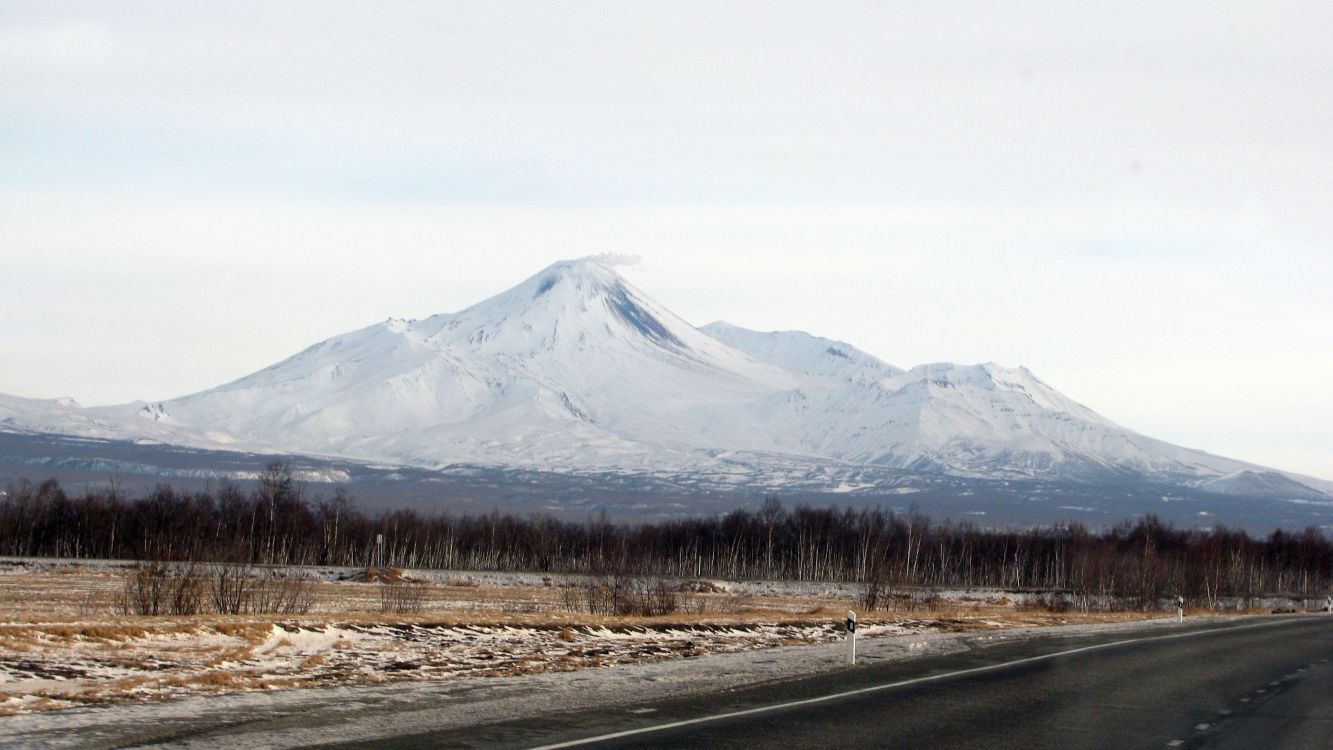 Carretera de Asfalto Gris Cerca de Árboles Marrones y Montañas Cubiertas de Nieve Durante el Día. Wallpaper in 3456x1944 Resolution