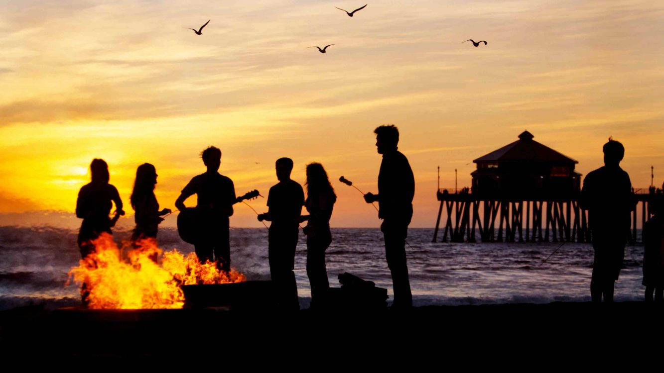 beach, bonfire, beach bonfire, horizon, silhouette