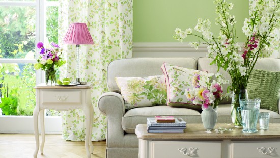 Image pink and white table lamp on white wooden side table