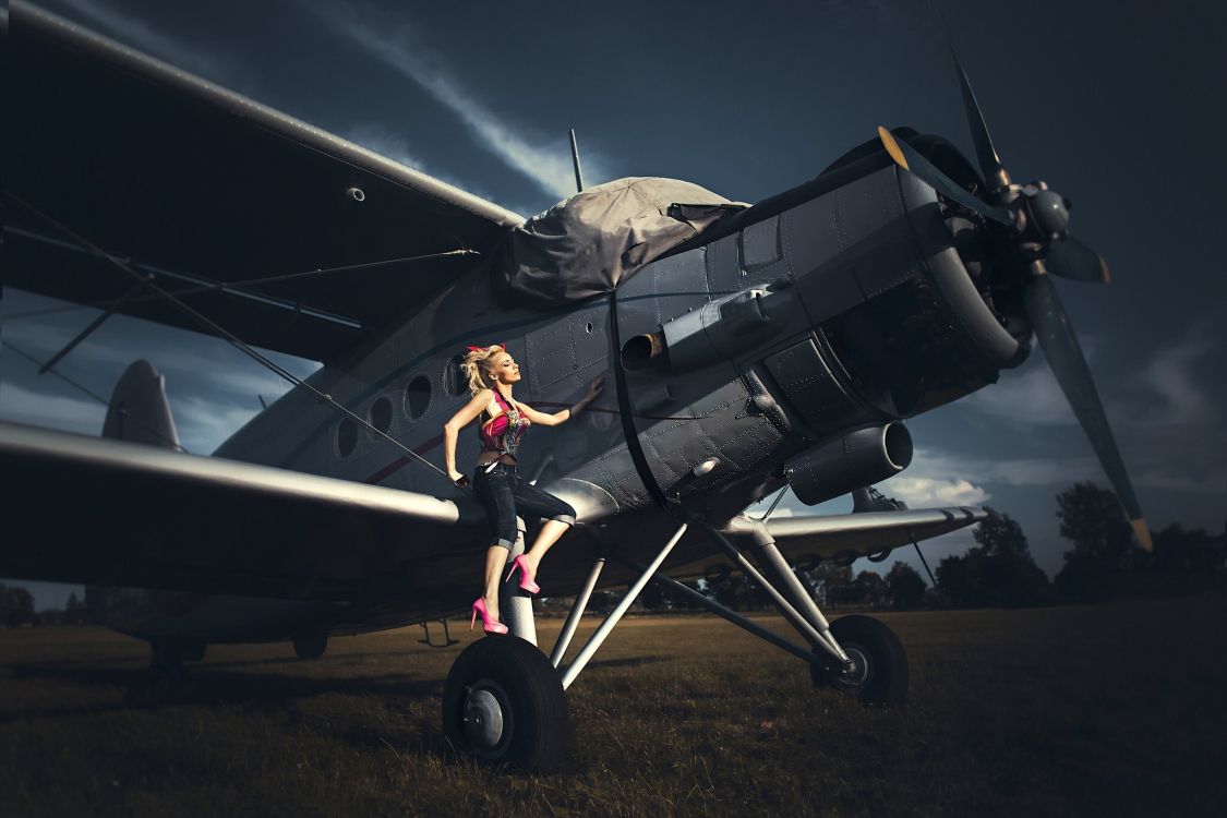 black and white plane on brown field during night time