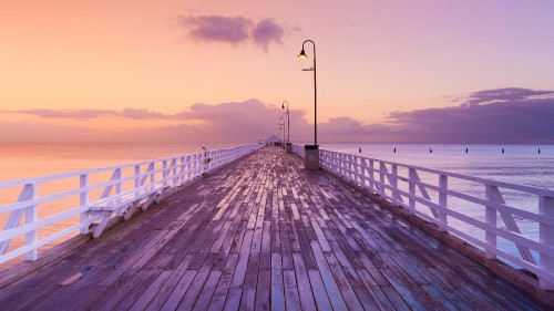 Image boardwalk, cloud, water, street light, purple