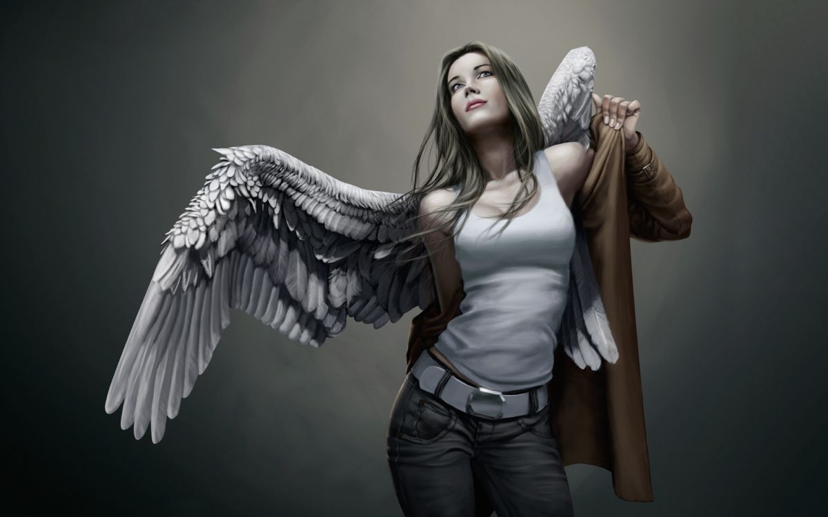 Woman in White Tank Top and Black Denim Jeans With White Wings. Wallpaper in 1920x1200 Resolution