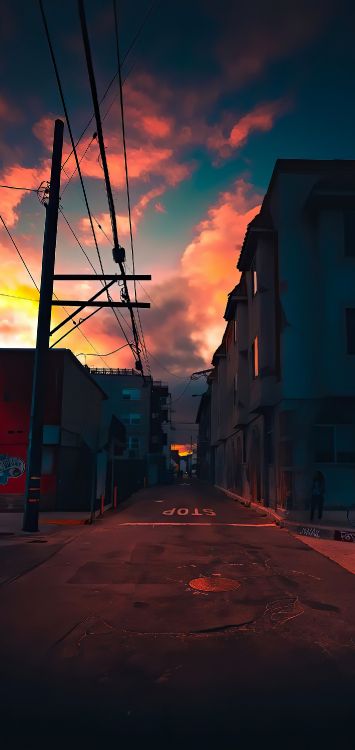 日落, 晚上, 余辉, 橙色, 架设高架输电线 壁纸 1422x3000 允许