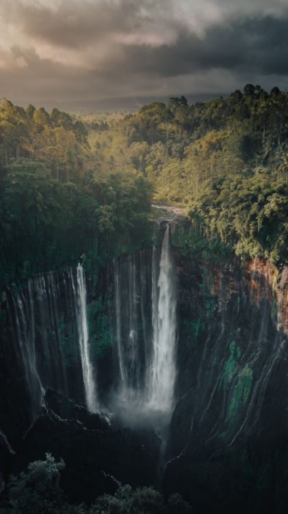 water, cloud, mountain, waterfall, natural landscape