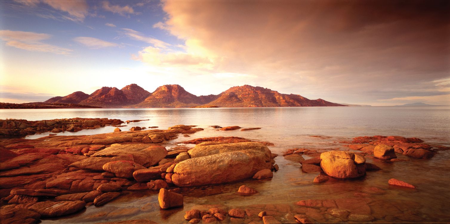 岸边, 大海, 地平线, 海岸, 日出 壁纸 3543x1761 允许