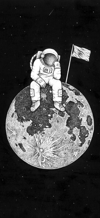 Astronaut Sitzt Auf Dem Mond, Astronaut, Weltraum, Schwarz Und Weiß, Kunst. Wallpaper in 1080x2340 Resolution