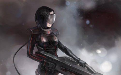 Image woman in black suit holding black rifle