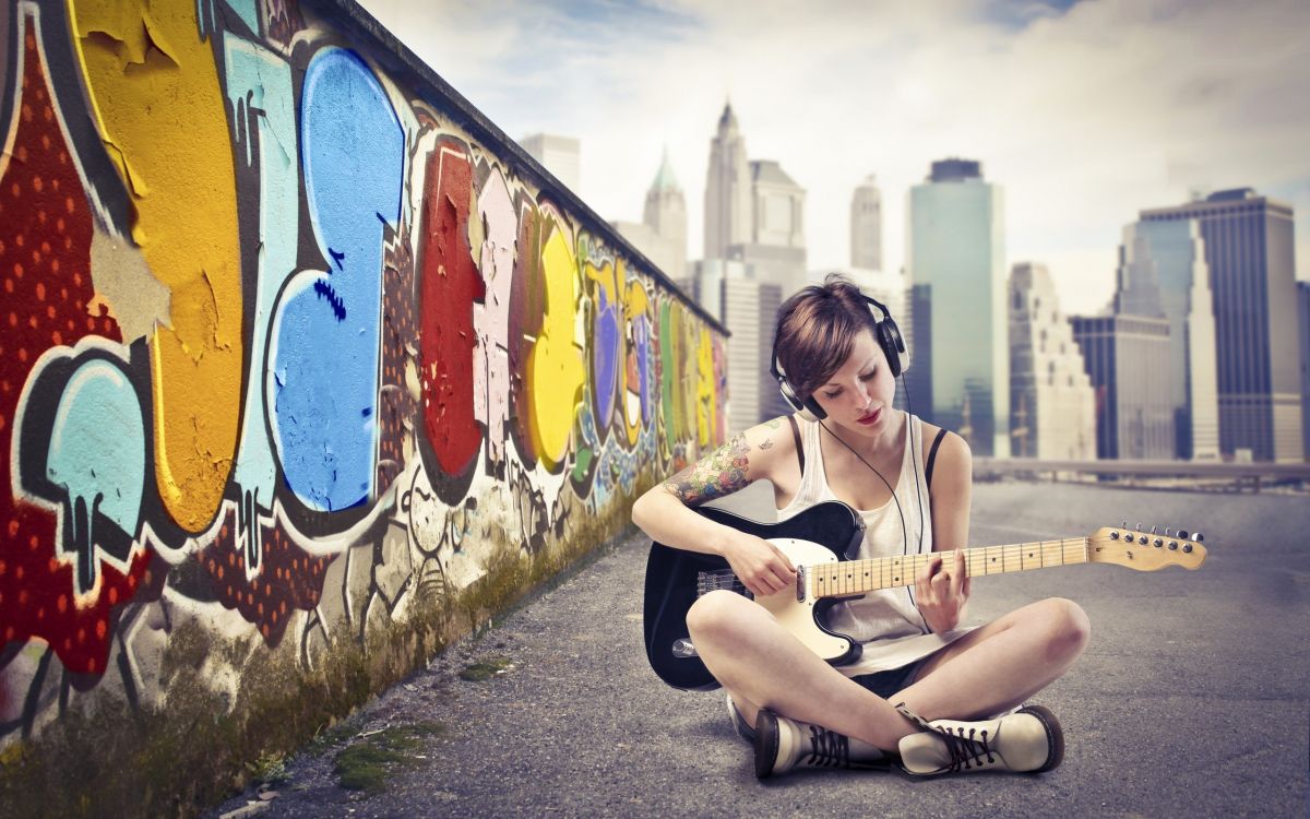 Guitar, Sitting, Cool, Graffiti, Woman. Wallpaper in 2560x1600 Resolution