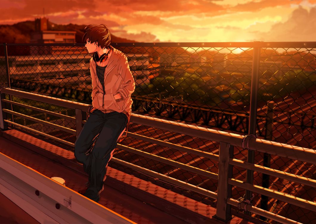 Wallpaper Anime Girl, Sunset, Balcony, Long Hair, Stars, Clouds -  Resolution:1821x900 - Wallpx
