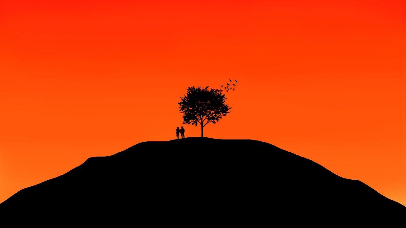 Silhouette Von 2 Personen, Die Bei Sonnenuntergang Auf Einem Hügel Stehen Hill. Wallpaper in 3840x2160 Resolution