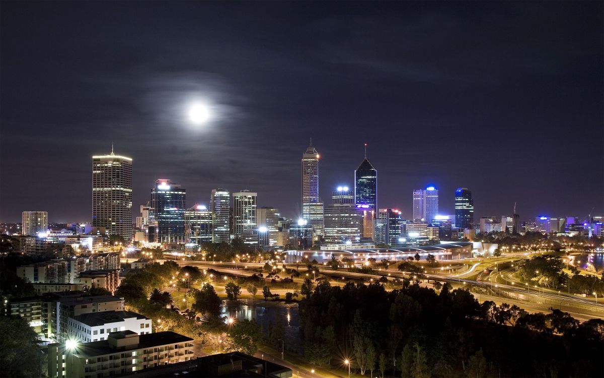 city skyline during night time