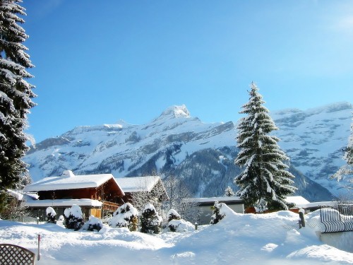 Image brown wooden house on snow covered ground near green pine trees and snow covered mountains during