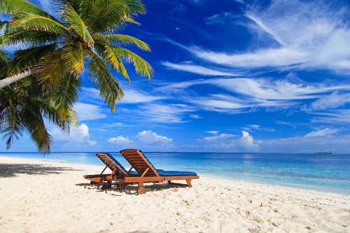 Image brown wooden lounge chair on beach during daytime