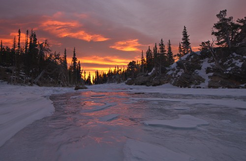 Image snow covered field with trees during sunset