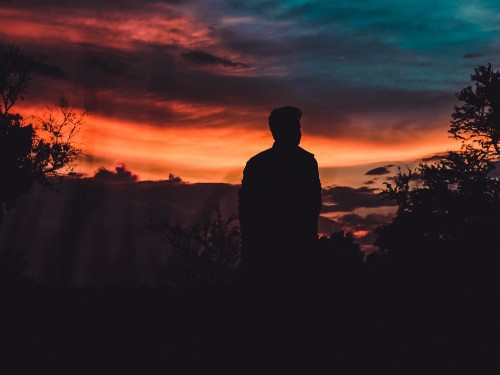 Image silhouette of man standing on grass field during sunset