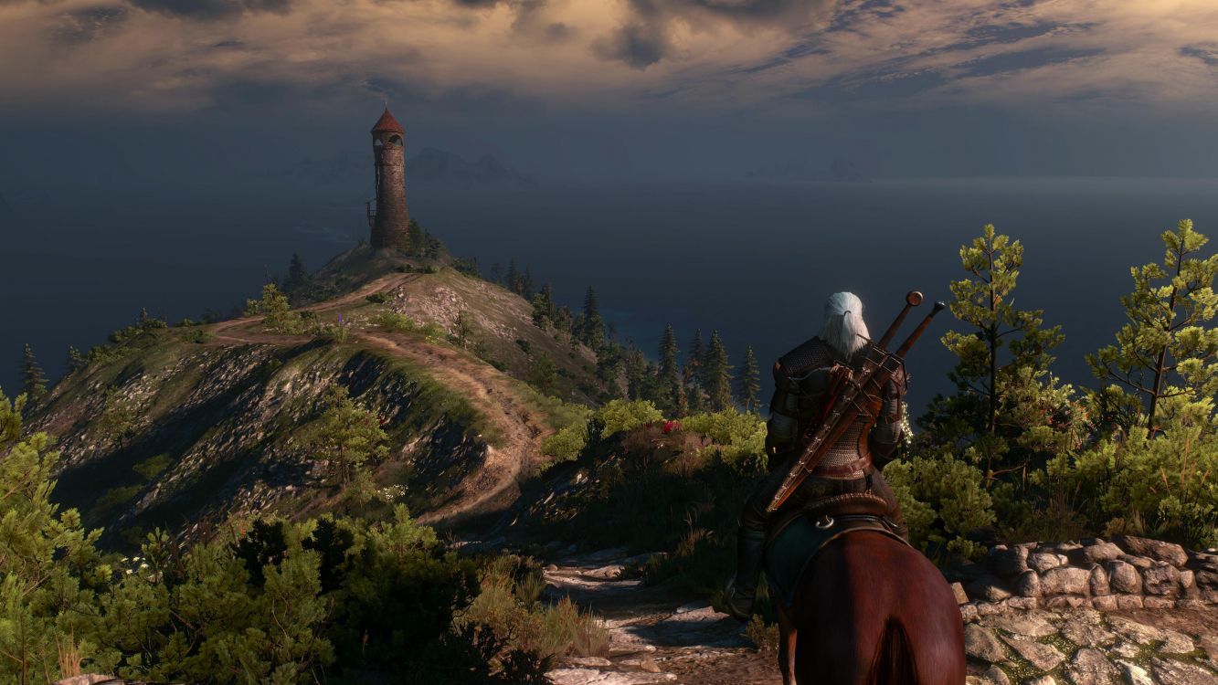 the witcher 3 wild hunt, geralt of rivia, cloud, tree, landscape