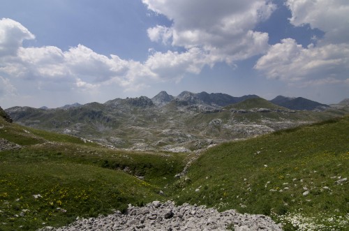 Image green and gray mountains under white clouds and blue sky during daytime