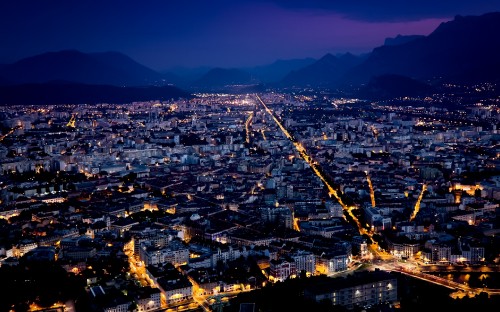 Image aerial view of city during night time