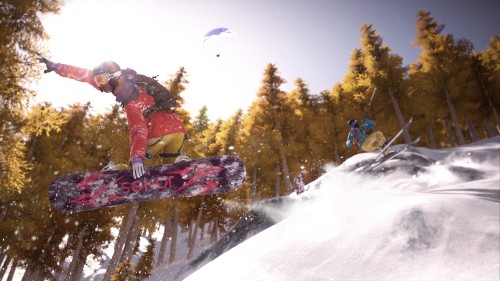 Image man in red jacket riding on pink snowboard during daytime