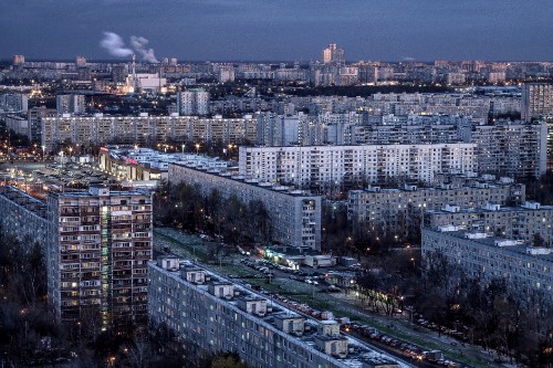 Image aerial view of city buildings during night time