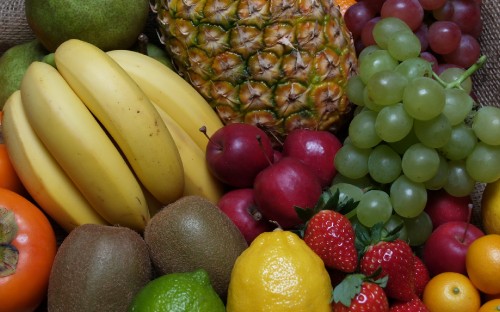 Image yellow banana fruit and red strawberries