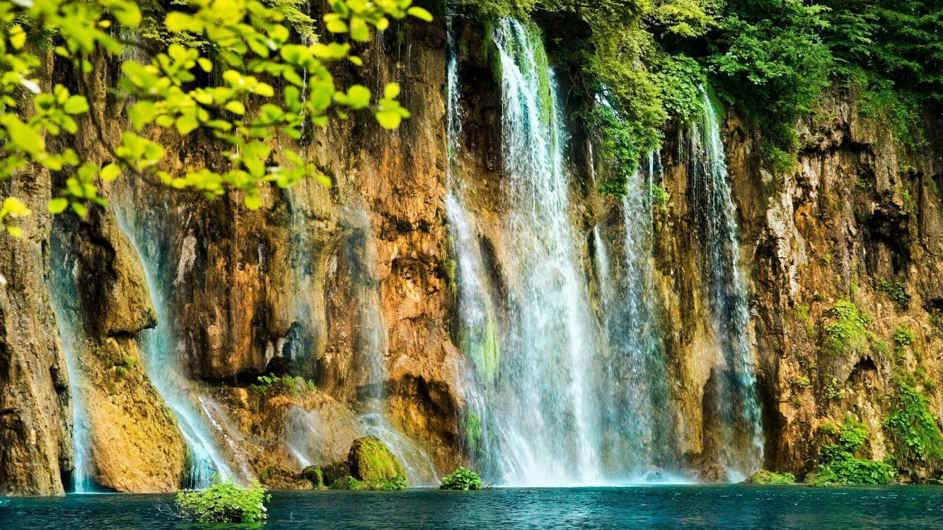 water falls with green moss