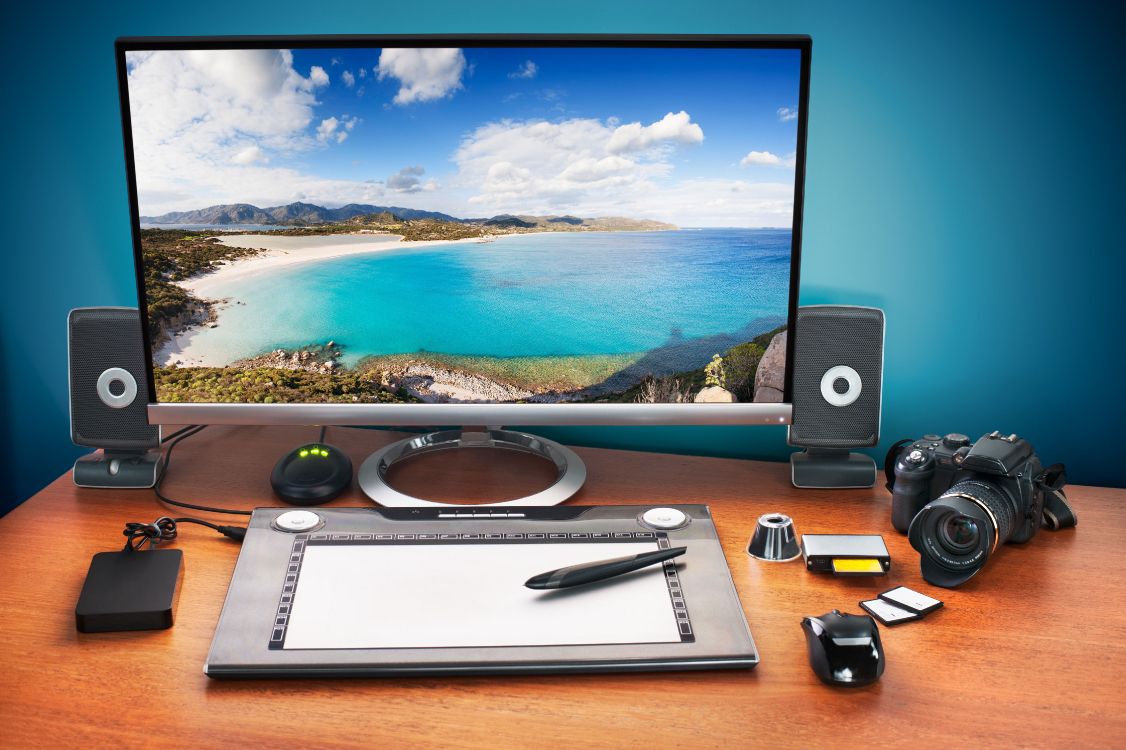 Macbook Pro Auf Braunem Holztisch. Wallpaper in 4500x2995 Resolution