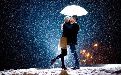 Image romance, kiss, couple, umbrella, snow