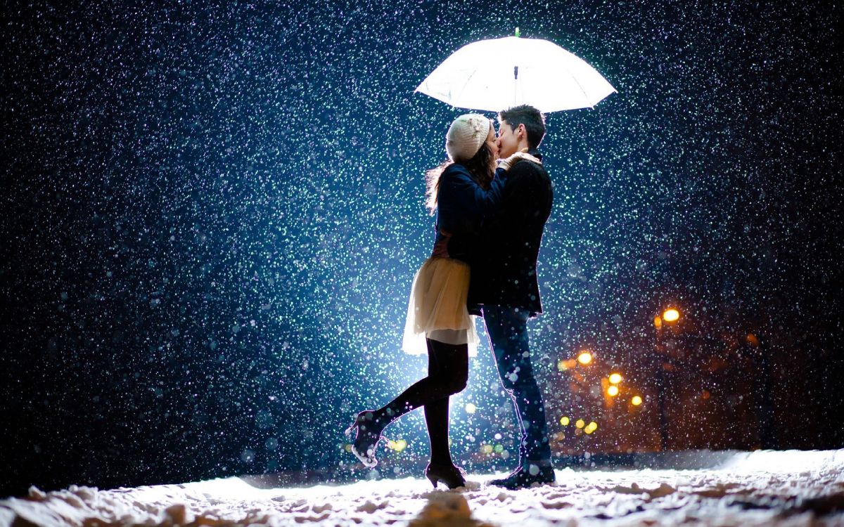 Romance, Kiss, Couple, Umbrella, Snow. Wallpaper in 3840x2400 Resolution