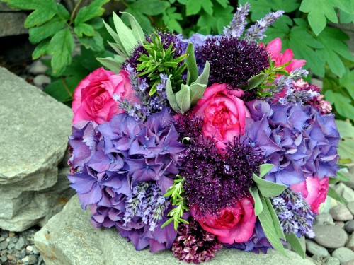 Image red rose and purple hydrangeas bouquet