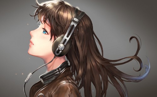 Image woman in brown leather jacket wearing white headphones