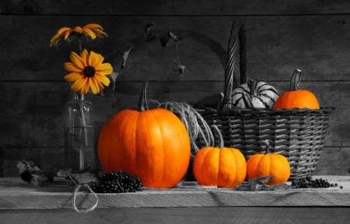 Image orange pumpkin on brown woven basket