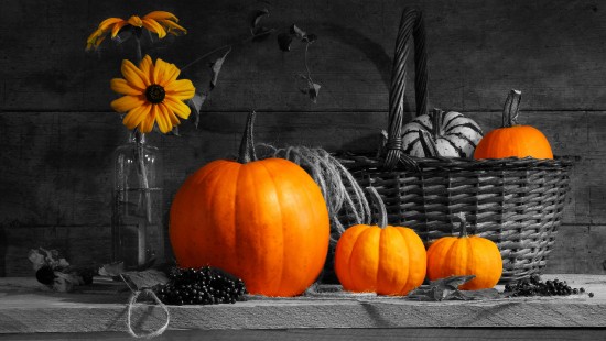 Image orange pumpkin on brown woven basket