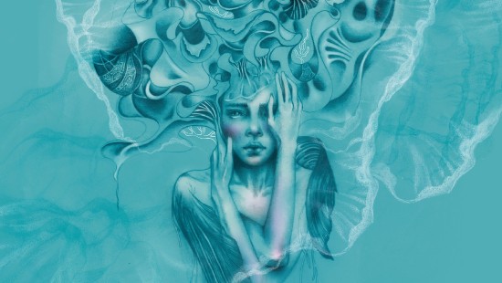 Image womans face with blue and white paint