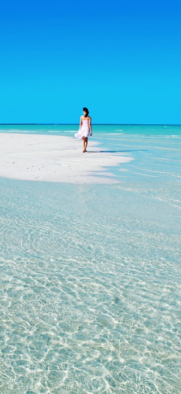 Image woman in white shirt walking on beach during daytime