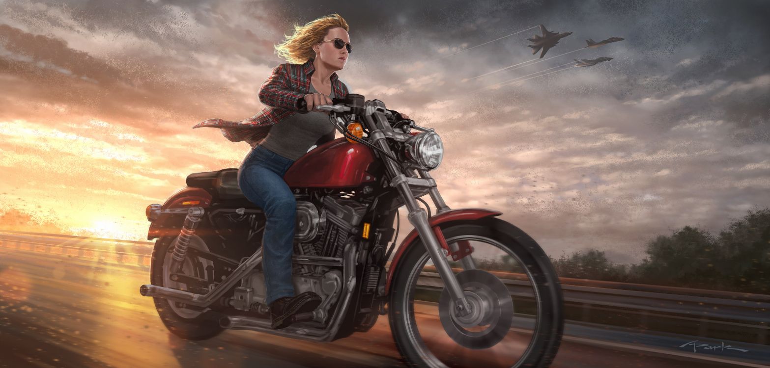 Moto Capitaine Marvel, Captain Marvel, Carol Danvers, Superhero, Marvel. Wallpaper in 7760x3714 Resolution