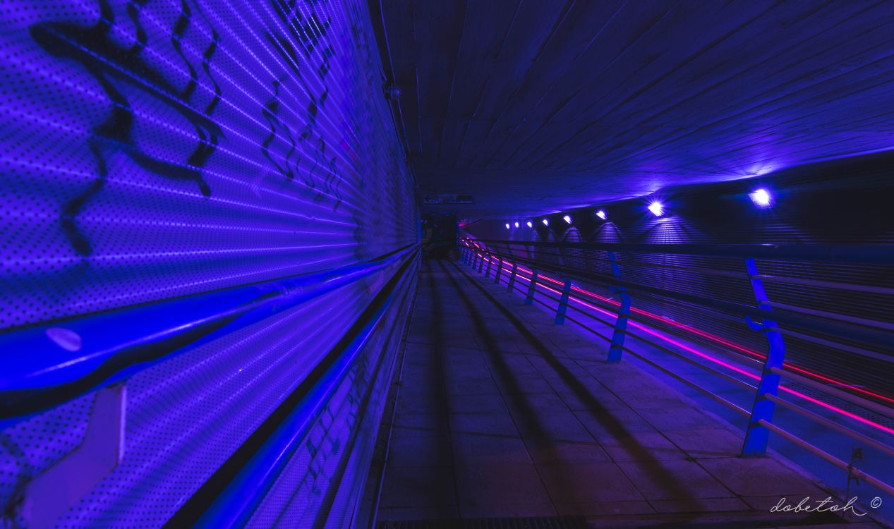 blue light on tunnel during night time