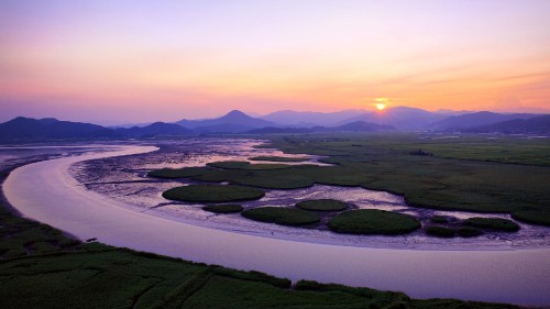 Image green grass field near body of water during sunset