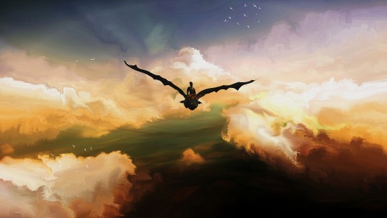 Image bird flying under cloudy sky during daytime