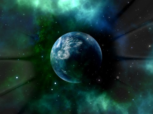 Image blue and green planet with green and blue lights