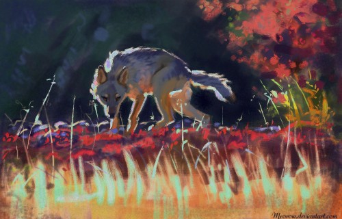 Image white and black fox on red and yellow leaves painting