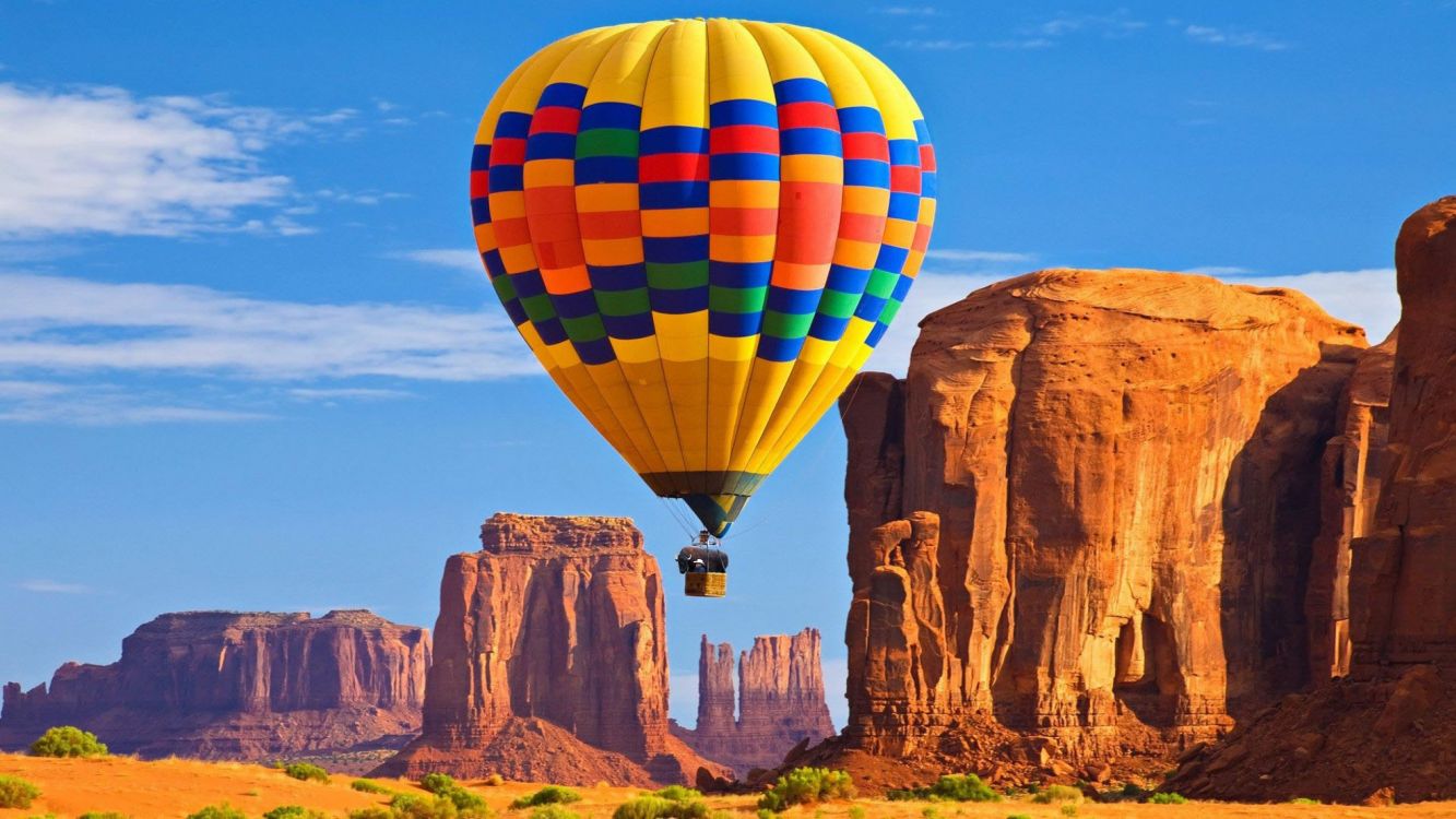 yellow blue and red hot air balloon
