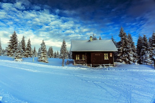 Image brown wooden house on snow covered ground during daytime